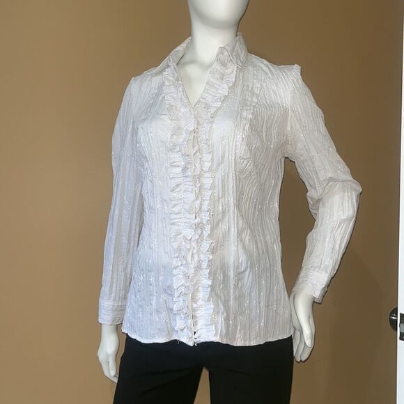 Denver Hayes Tops - Denver Hayes White Womens Button Down V Neck Shirts Long Sleeve.